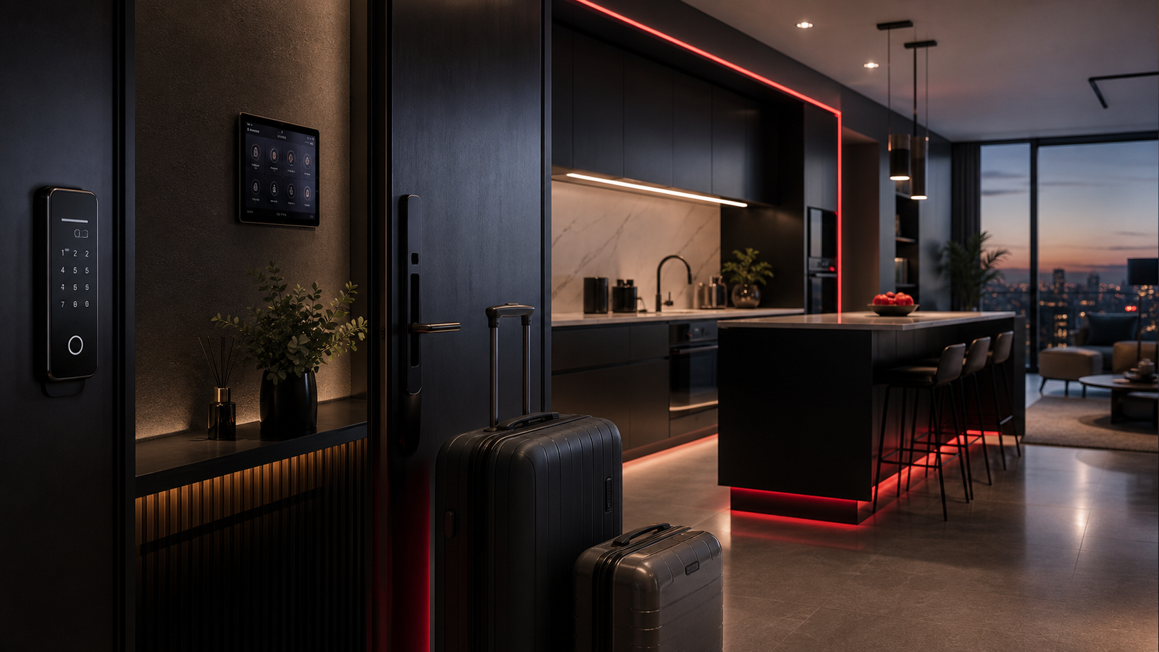 Luxury smart apartment arrival area with smart lock, wall tablet, and red lighting