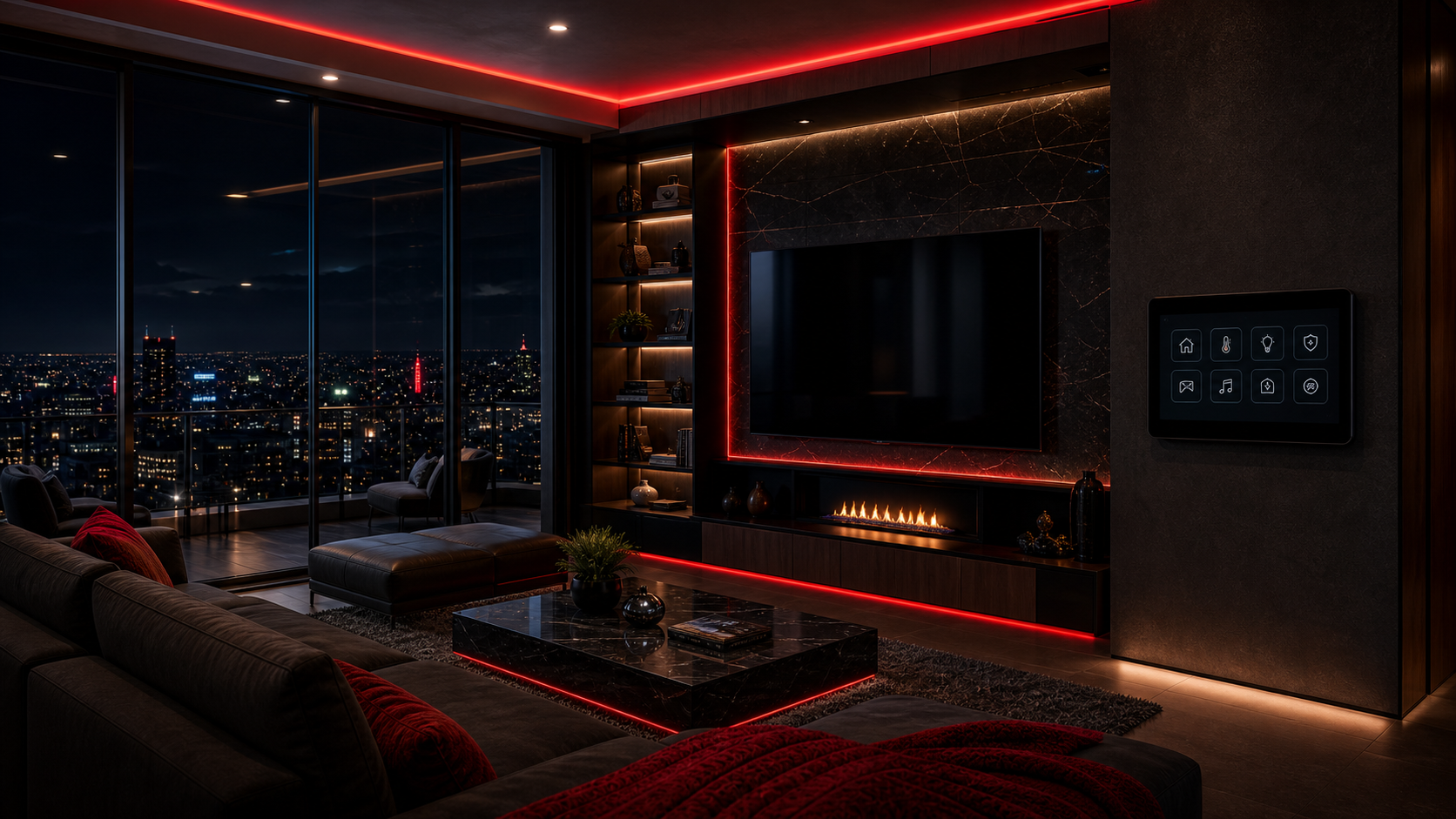Luxury smart apartment living room with integrated wall control panel